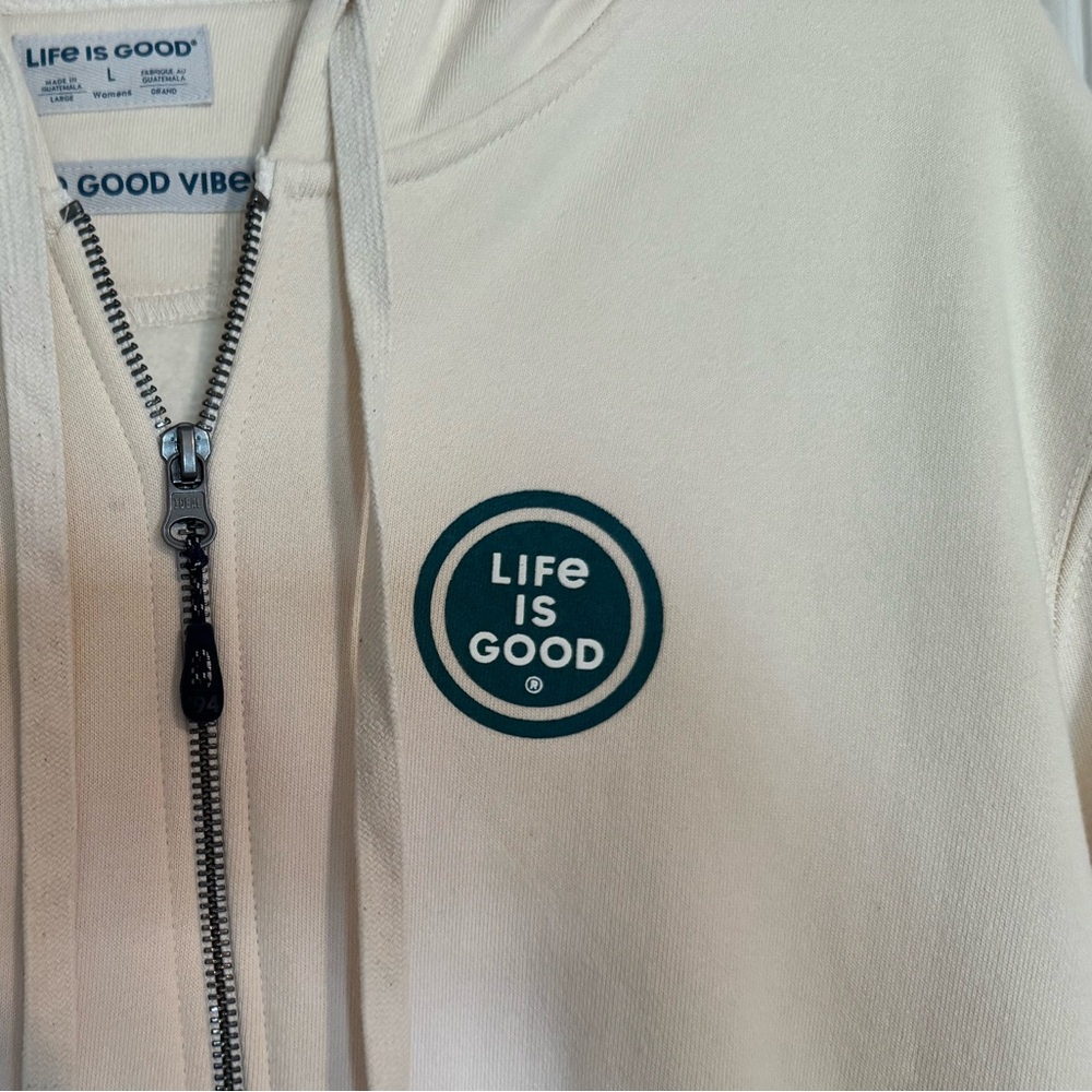 “Life Is Good” Cream Zip Hoodie with Teal Logo, Size Large. Excellent condition! - Picture 2 of 6